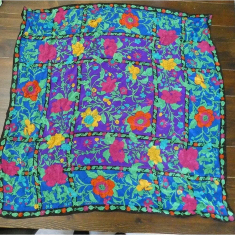 Vintage Japan Hand Rolled Silk Scarf Bright Multicolored Floral Black 30